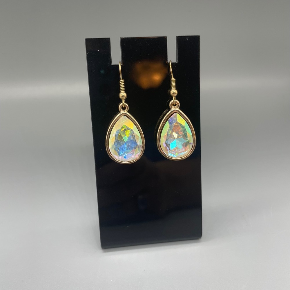 Gold Tone Iridescent Aurora Borealis Teardrop Dangle Earrings Multi Color Gem